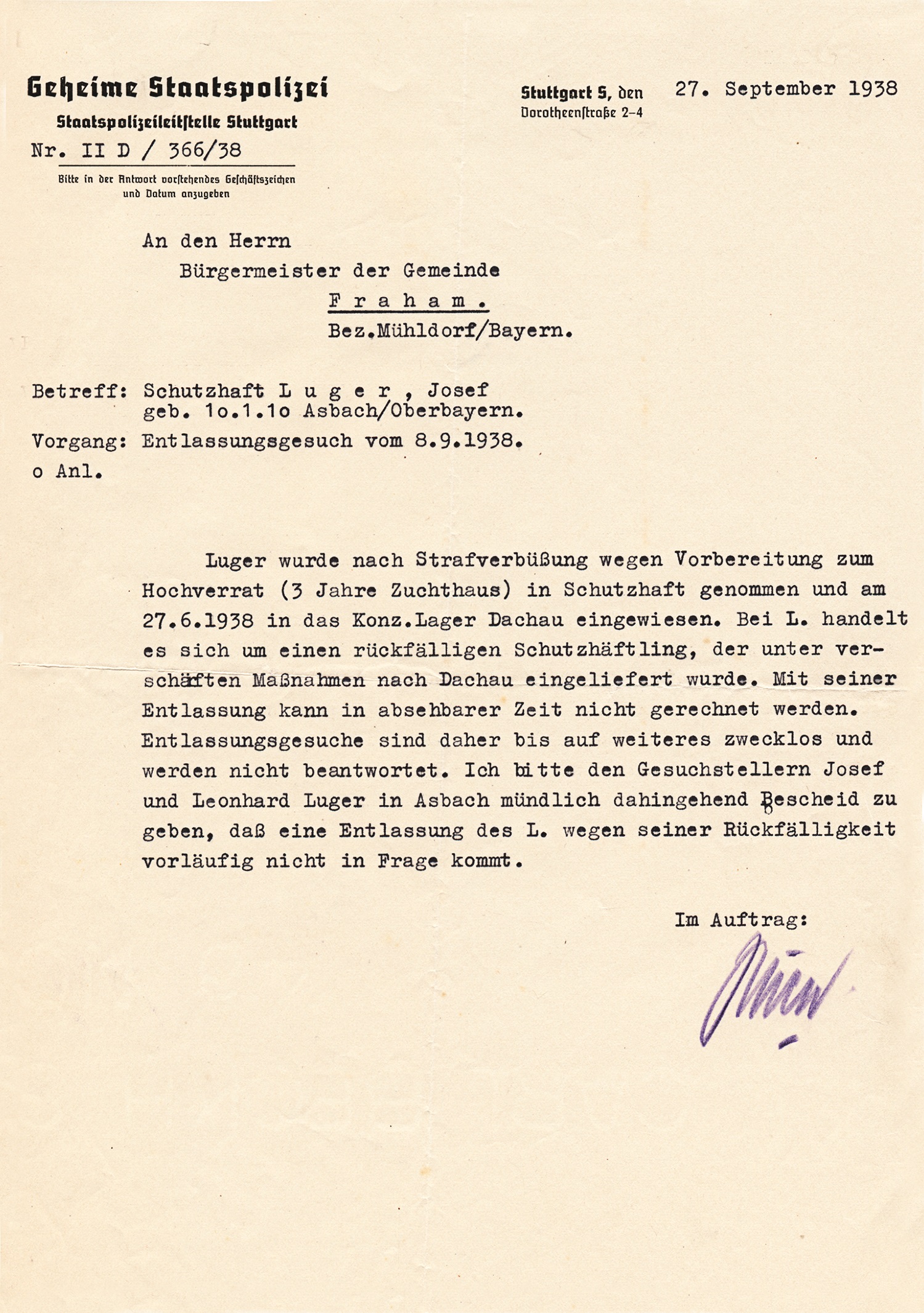 Luger, Jos Entlassungsgesuch